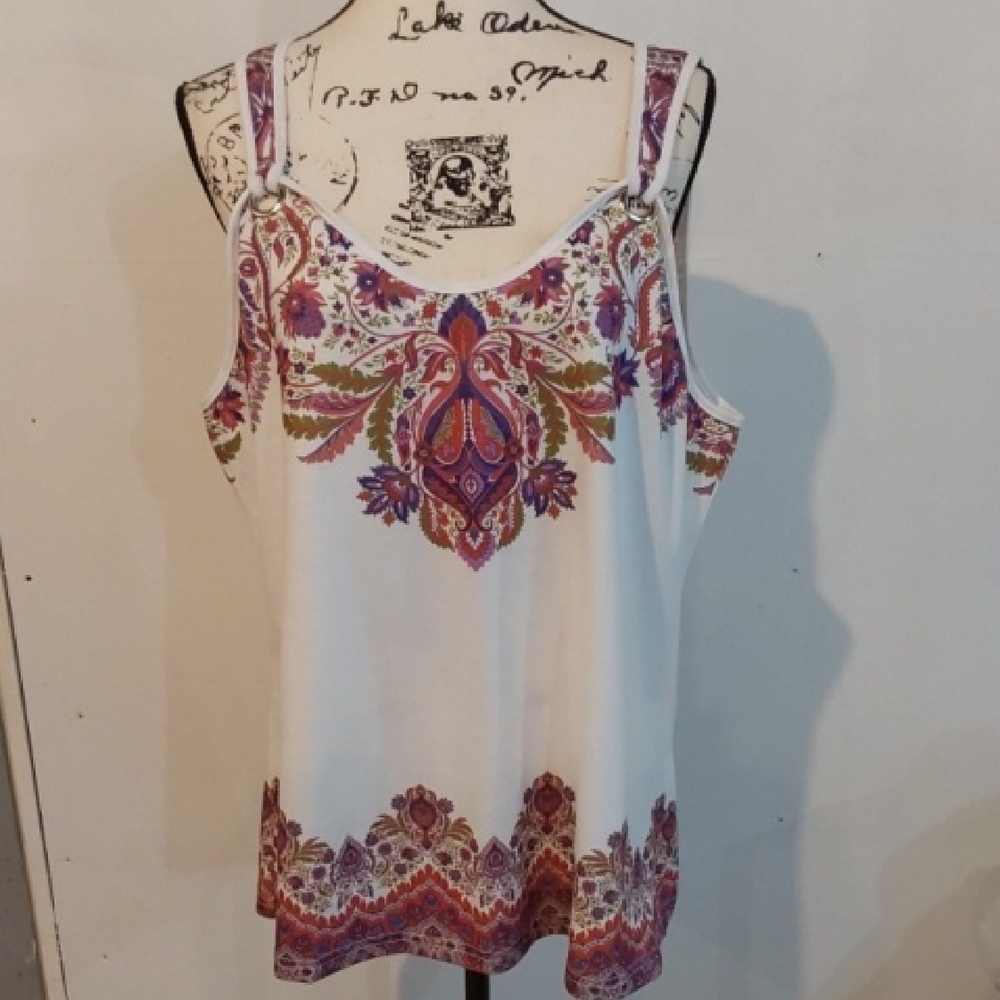 White Pink Paisley Print Sleeveless Tank Top Silver Grommets Flowy Artsy Sz.XXL